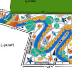 Winning design for the Superior Ground mural. A serpent winds through the patio, surrounded by various shapes and colors.